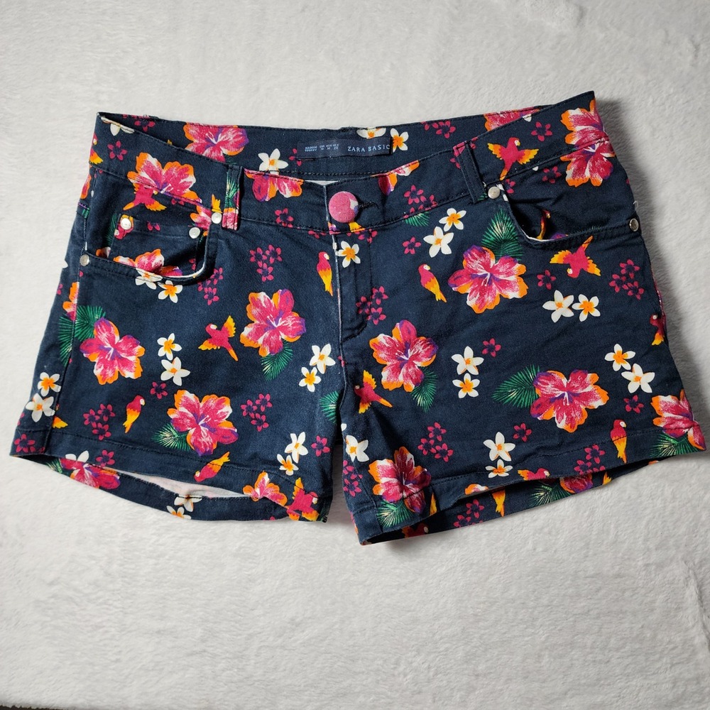 Zara Floral Shorts Womens Medium Tropical Birds Hibiscus Summer Beach Resort